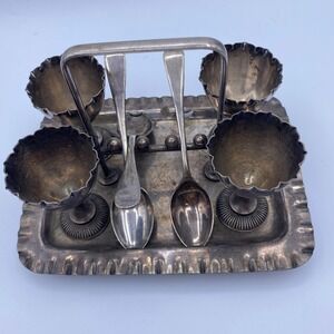 Walker & Hall Sheffield England Silver Plate 4-Cup Egg Cruet Set with 3 Spoons